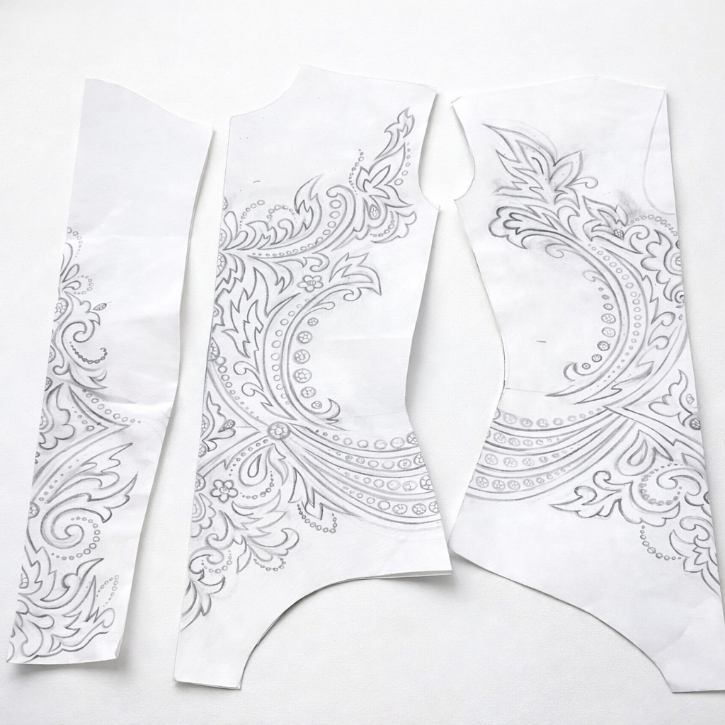 Leotard pattern pieces with hand-painted neon floral design