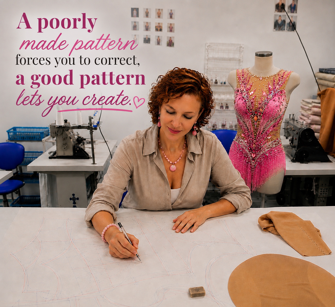 Tanit Perez designing patterns for rhythmic gymnastics leotards in her studio