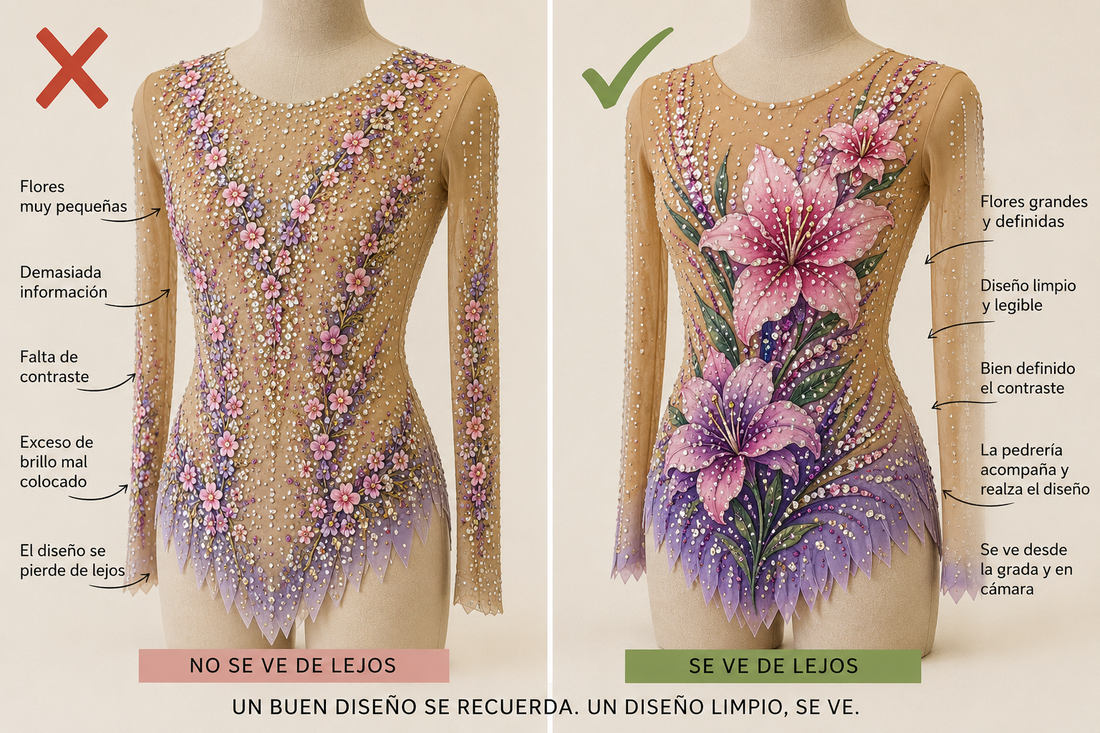 Comparativa de diseño de maillot: diseño recargado vs diseño limpio y visible desde lejos