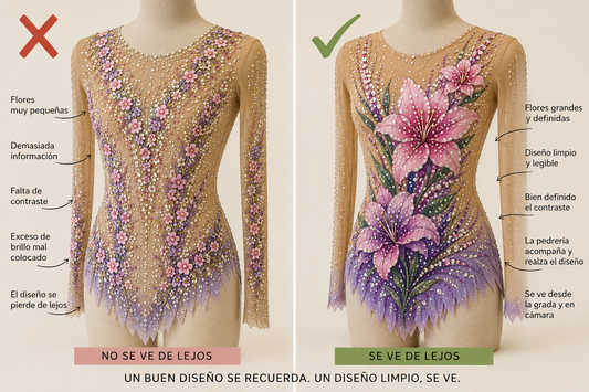 Comparativa de diseño de maillot: diseño recargado vs diseño limpio y visible desde lejos