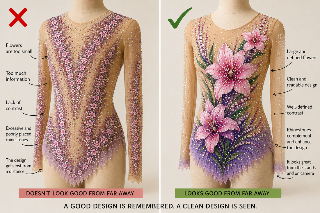 Leotard design comparison: overloaded design vs clean design visible from a distance