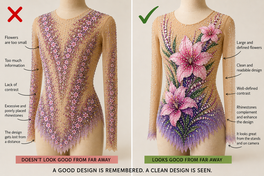 Leotard design comparison: overloaded design vs clean design visible from a distance