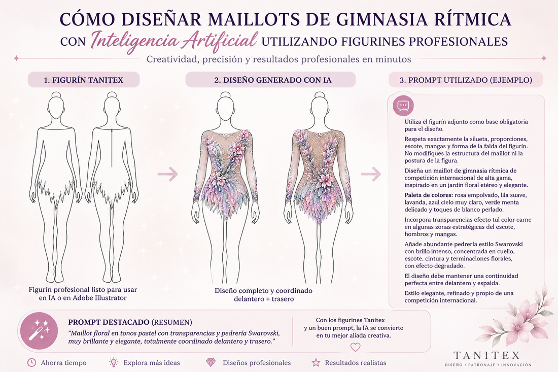 Cómo diseñar maillots de gimnasia rítmica con IA utilizando figurines profesionales Tanitex