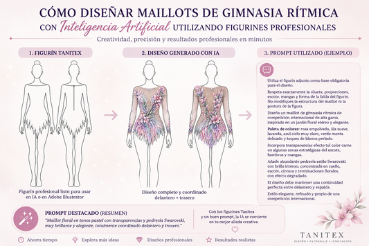 Cómo diseñar maillots de gimnasia rítmica con IA utilizando figurines profesionales Tanitex