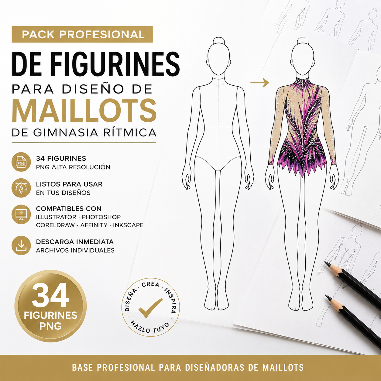 Pack Profesional de Figurines para Diseño de Maillots de Gimnasia Rítmica | 34 Plantillas PNG Alta Resolución